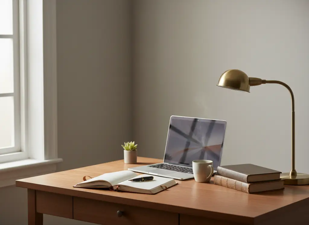 A quiet study desk in natural light, open notebook and pen, a laptop, minimal clutter