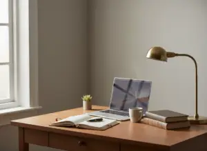A quiet study desk in natural light, open notebook and pen, a laptop, minimal clutter