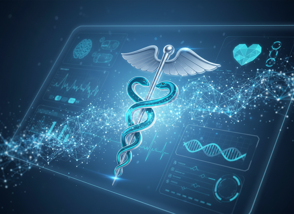 Health symbol over a futuristic computer screen