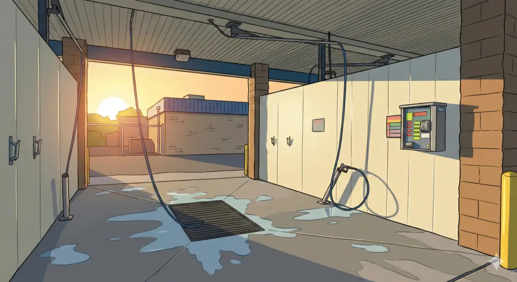 Empty car wash bay, with no car and water on the ground.