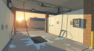 Home Empty car wash bay, with no car and water on the ground.