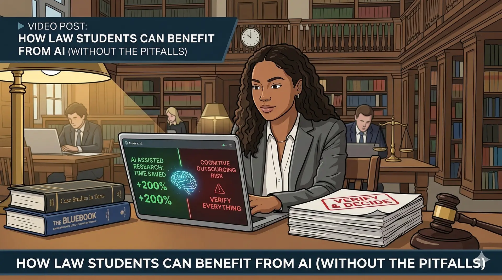 Picture of a student sitting in a law library on a laptop.